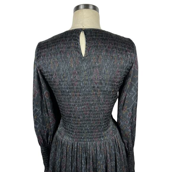 ULLA JOHNSON Antonia Maxi Dress Black Ikat Pattern Smocked Long Sleeve Size 8 - Picture 4 of 9